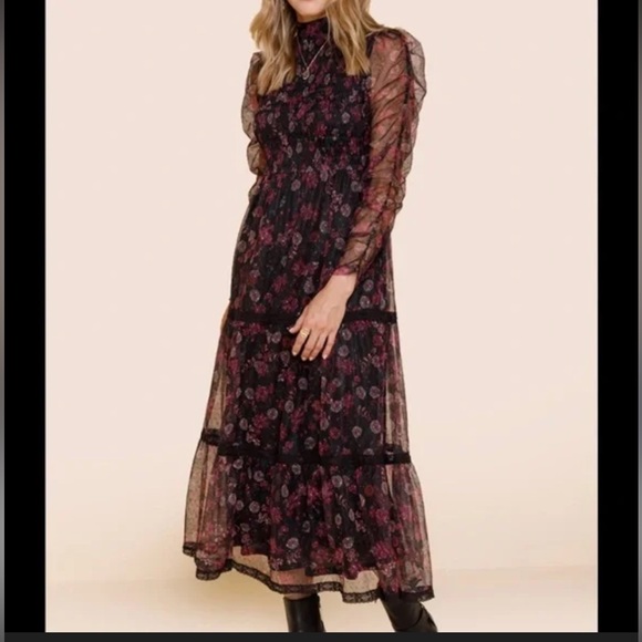 June & Ivy Dresses & Skirts - Jun & Ivy‎ Women’s Sheer Floral Tiered Maxi Long Sleeve Black/Burgundy Size XXS